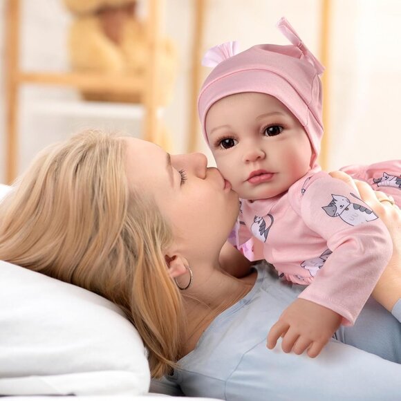 🆕17inch Soft Cloth Body Newborn Baby Poseable Limbs Peach Baby Doll Girl - Picture 5 of 5